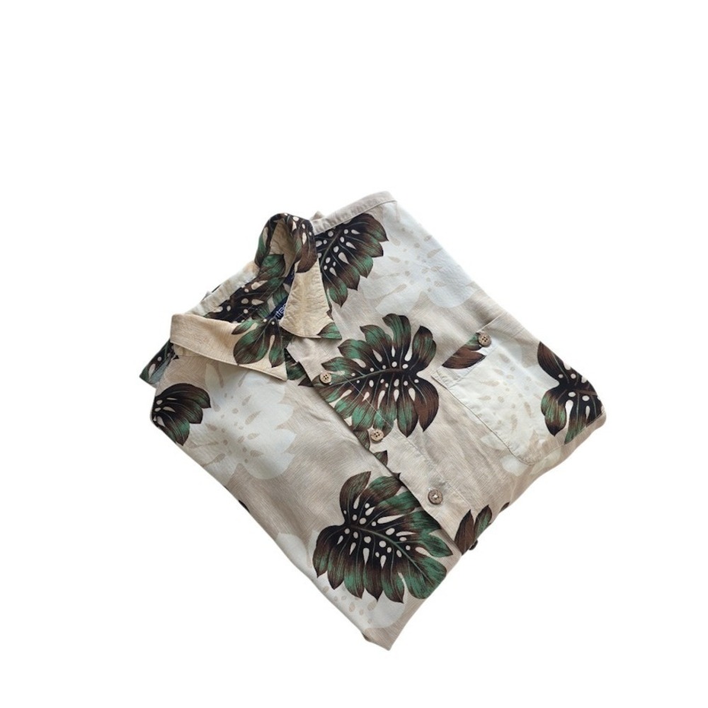Puritan Button Up Shirt Mens 2XL Beige Tropical Monstera Leaf Rayon Hawaiian